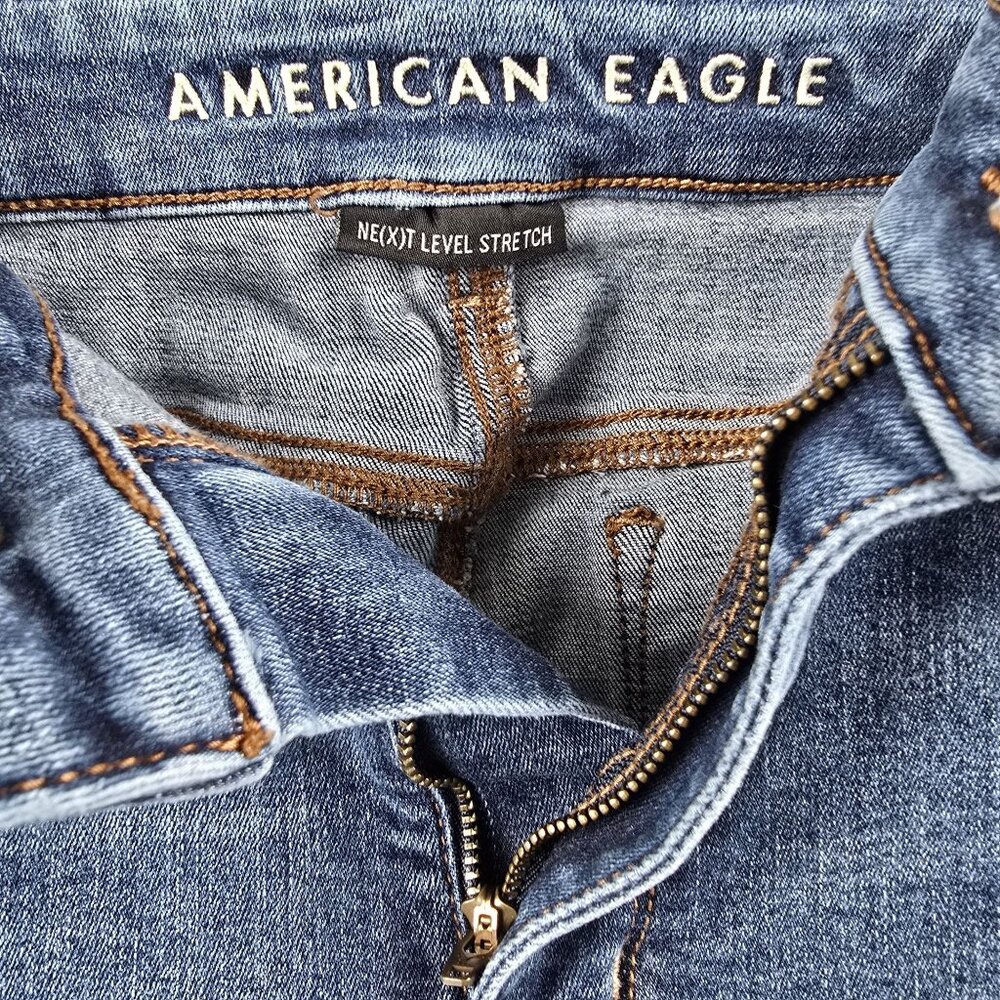 American Eagle Womens Flared Jeans Dark Wash Size 12 Stretch Denim Distressed - Picture 5 of 10